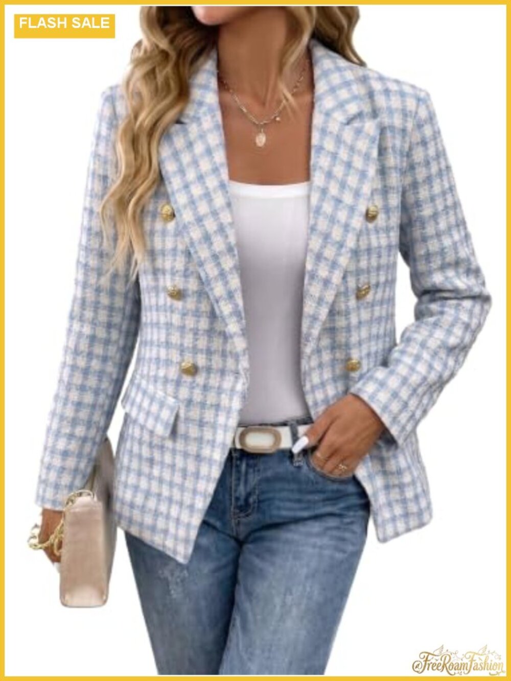 Tweed Plaid Blazer Double Breasted Gold Buttons Business Casual Work